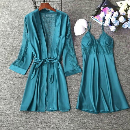 

Lingerie Women Silk Lace Robe Dress Babydoll Sleepwear Nightdress Pajamas Set