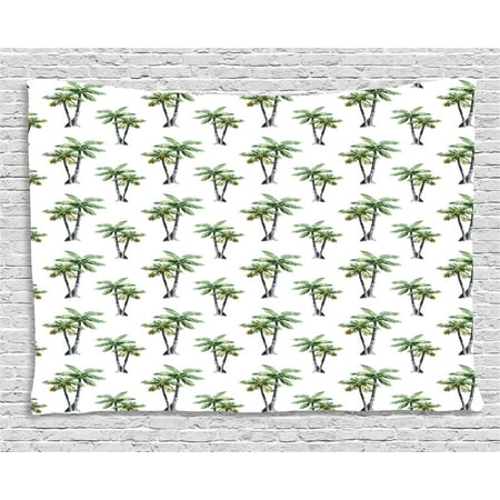 Aloha 40 Inches Home Decor - Palm Tree Tapestry, Botanical Watercolor Artwork of Hawaiian Aloha Forest Palm Trees in Pairs, Wall Hanging for Bedroom Living Room Dorm Decor, 60W X 40L Inches, Grey Green White, by Ambesonne