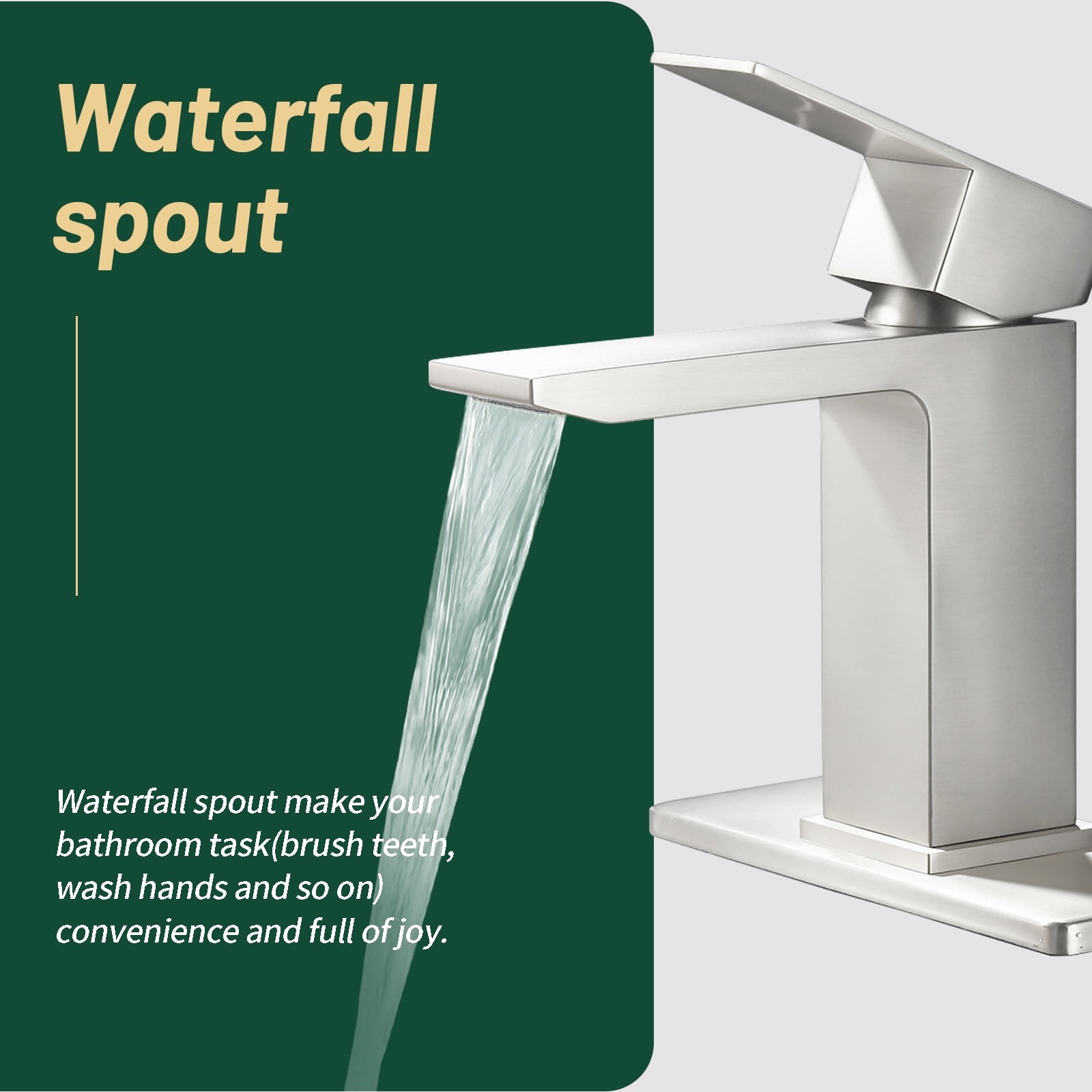 Cobbe Single-Handle Bathroom Sink Faucet for Vanity Waterfall Spout Design Single-Hole Installation With Pop-Up Drain Brushed Nickel
