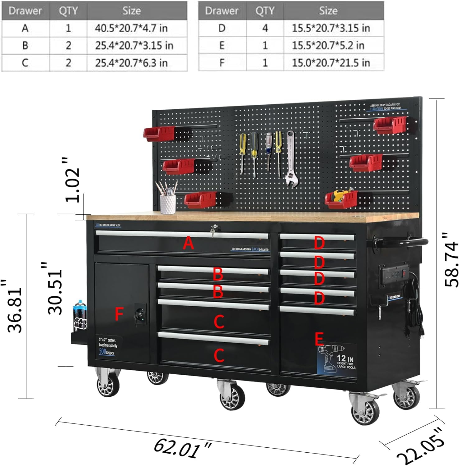 Tool Chest Workbench, 61-inch Rolling Tool Chest with Wheels, 10 Drawers, Multifunctional Tool Cart Mechanic Tool Storage Cabinet for Garage, Assembled Large Tool Box Storage Cabinet, Black