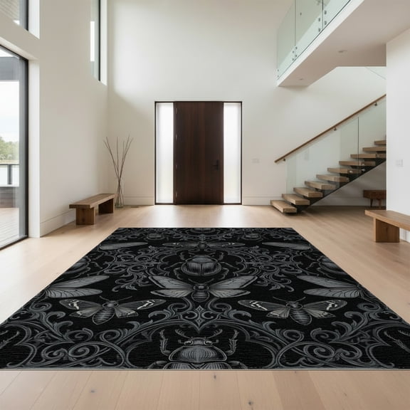 Design&I 8'x10' Washable Area Rug Extra Large Skid-Resistant Low Profile With Ornate Victorian Scrollwork Border Accents Gothic Insect Refined Structured for Living Room, Family
