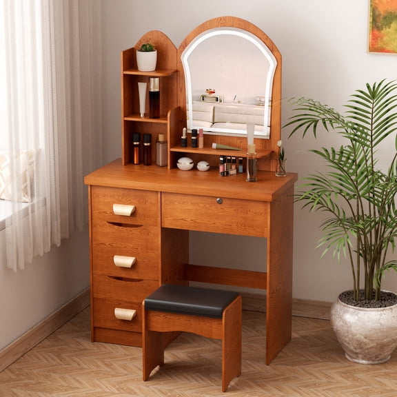 Plenkra Makeup Vanity Desk with LED Lighted Mirror,Vanity Table Chair Set Dressing Table with 4 Drawers, Stylish Makeup Desk with Opening Shelves and Stool,Multifunctional