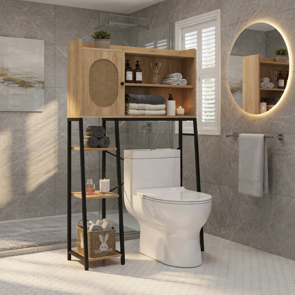 Hommoo Over the Toilet Storage Cabinet with PE Rattan Door, 3-Tier Adjustable Open Shelves, Engineered Wood & Metal Frame, Space-Saving Bathroom Organizer, Natural