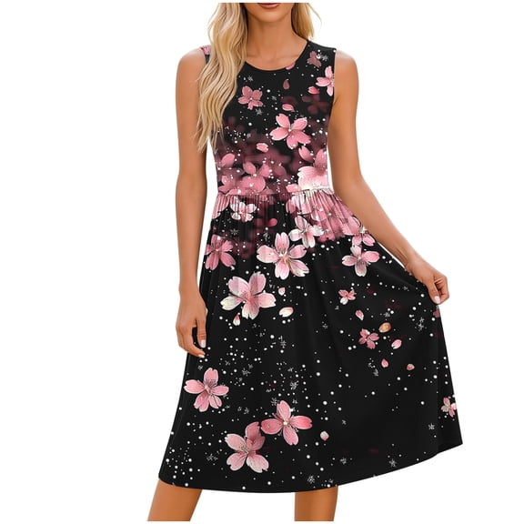 Purcot Women's Summer Floral Tank Dress Casual Sleeveless Loose T-Shirt Dresses A-Line Pleated Midi Dress Beach Vacation Sundresses with Pockets