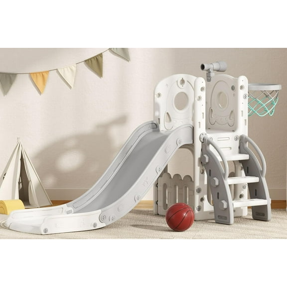 Glaf Toddler Slide 7 in 1 Kids Slides Outdoor Playset Indoor Playground for Backyard Baby Climber with Telescope Basketball Hoop and Ball Storage Space for Age 1 Years (Grey)
