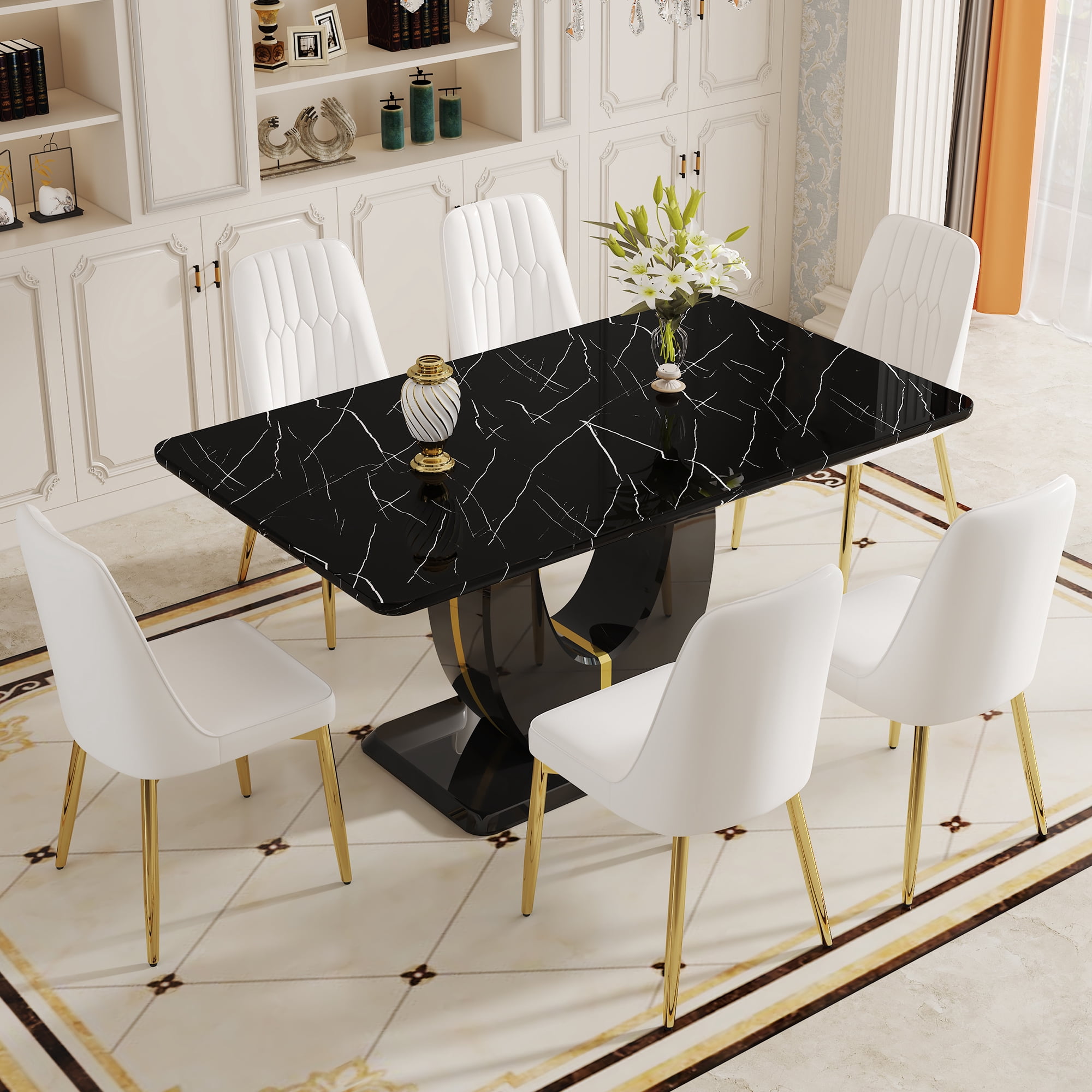 Table+6 White&Gold Legs Chairs