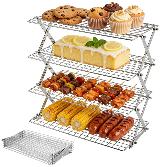 4 Tiers Collapsible Cooling Rack, Adjustable Folding Baking Rack with X-Shaped Structure, Cookie Cooling Stand for Baking, Drying Stand for Cookies, Cakes, Pies