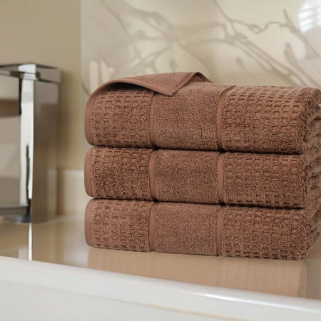 Superior Zero Twist Cotton Waffle Border Bath Towel Set of 3, Chocolate