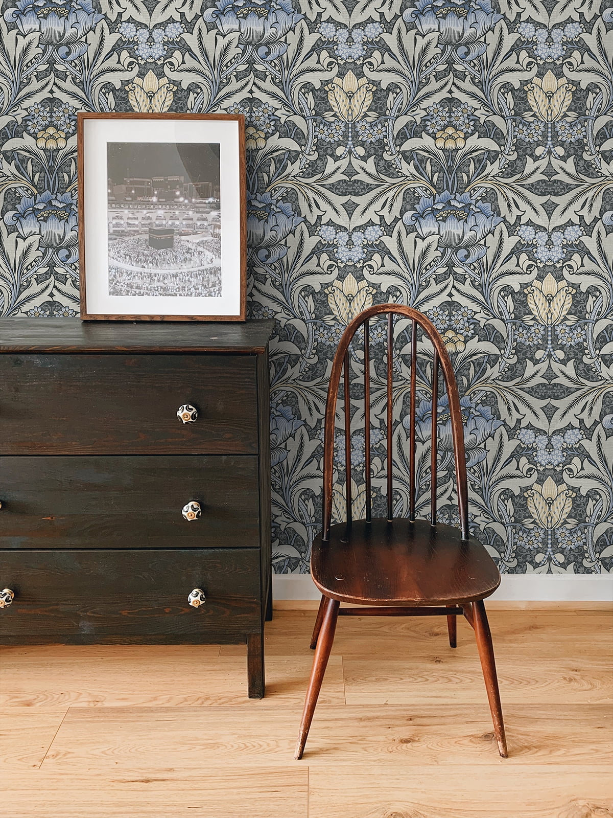 NextWall Charcoal & Carolina Blue Acanthus Floral Peel and Stick Wallpaper