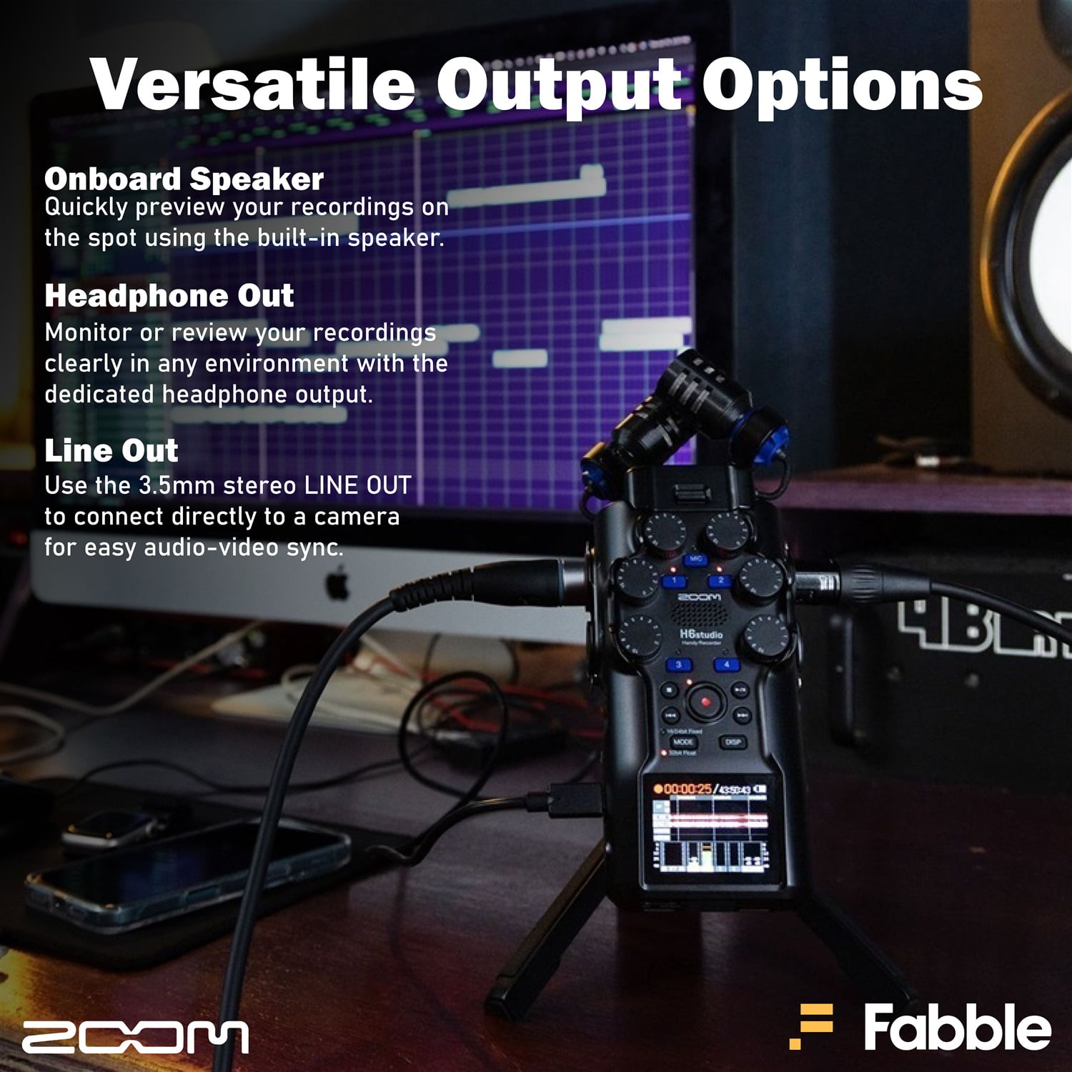 Zoom H6studio Handy Recorder Bundle with ZDM-1 Podcast Mic Packs, Headphones, Tabletop Stands, XLR Cables, Windscreens, 2X Memory Cards, Batteries, and Accessories