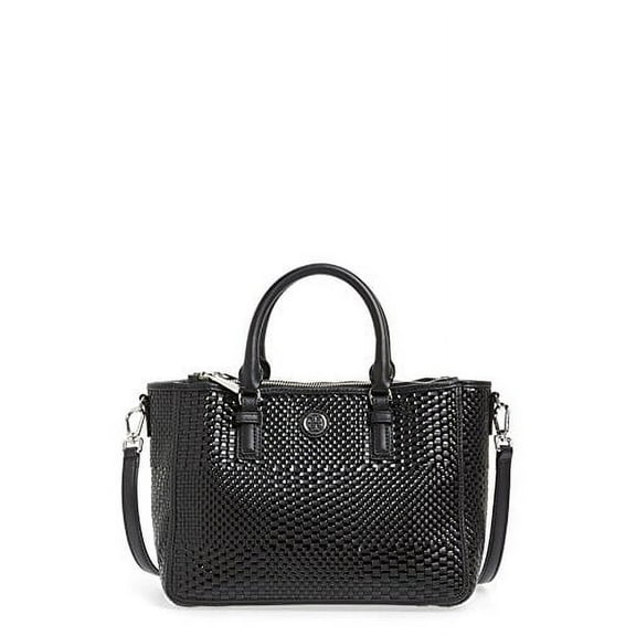 Tory Burch Robinson Double Zip Woven Leather Multi Tote Black Leather Bag