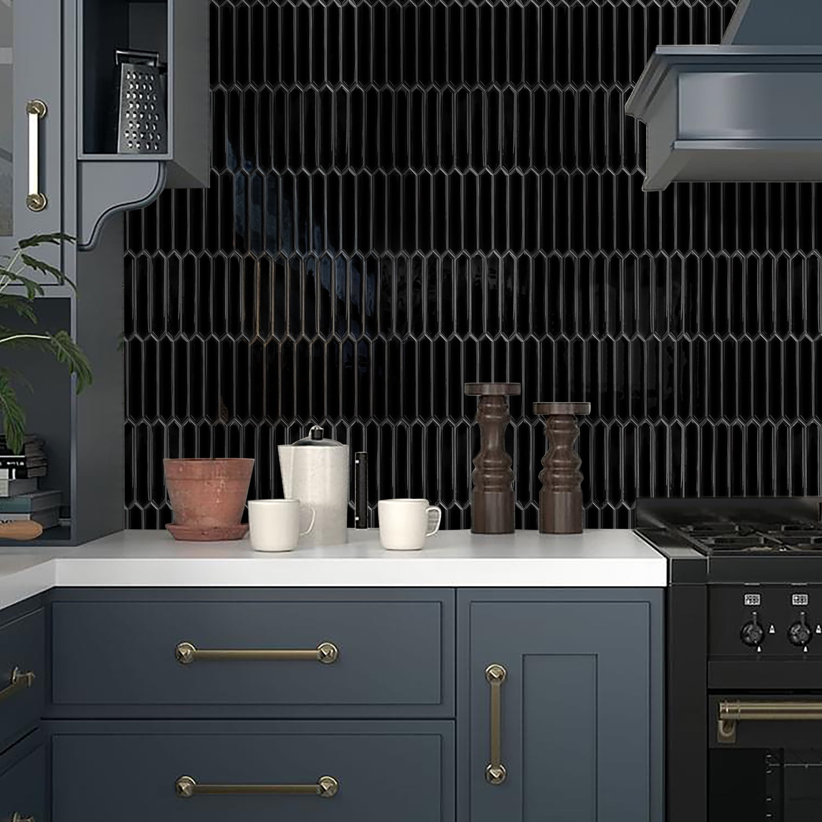 DEWOO Black Tile Peel and Stick Backsplash, 10 Sheets Self-Adhesive Wall Tiles Stick on Back Splash for Kitchen, Bathroom, Fireplace,RV(12"×12",Black Marble)