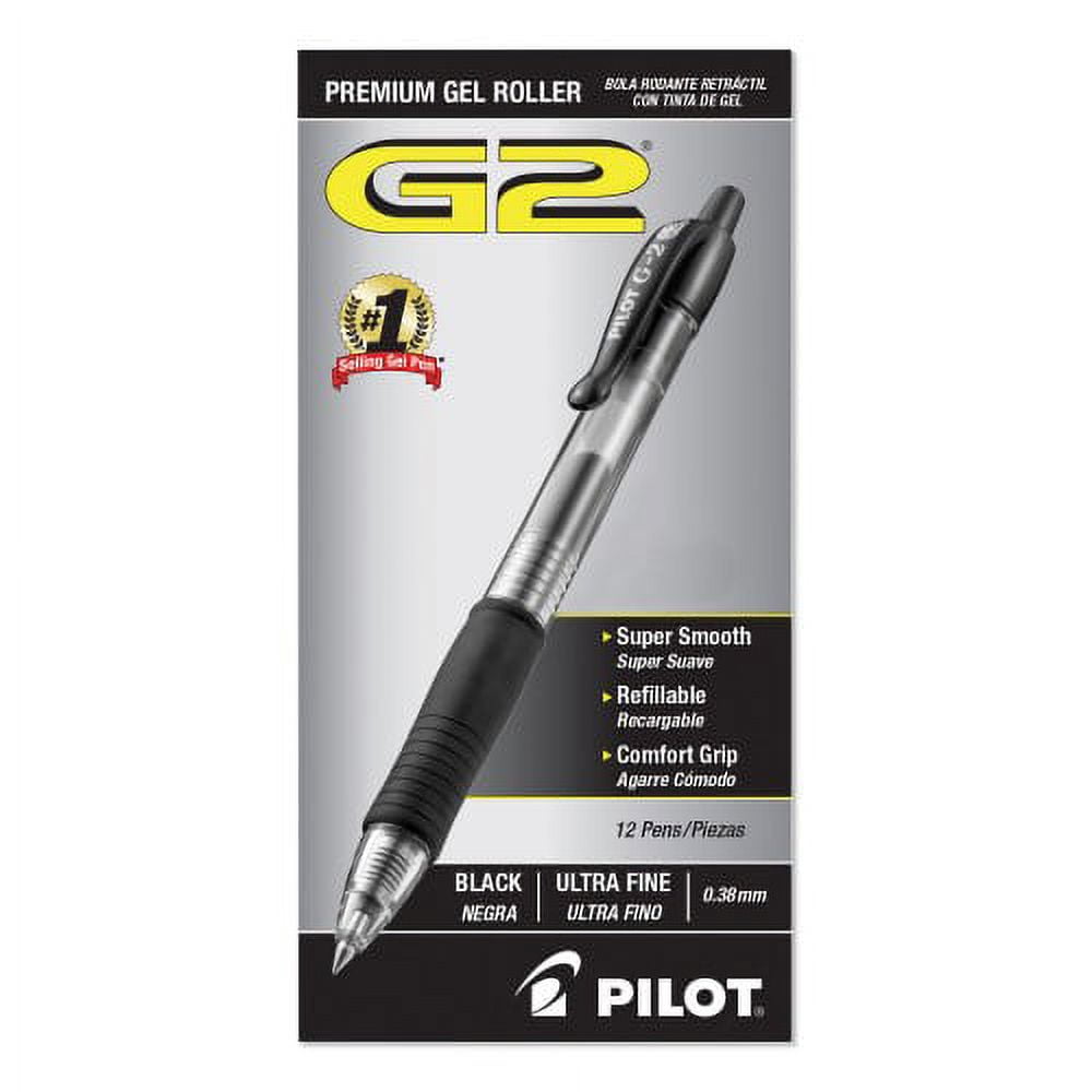 Pilot G2 Premium Gel Pen Convenience Pack, Retractable, Extra-Fine 0.38 mm, Black Ink, Smoke/Black Barrel, Dozen, Each