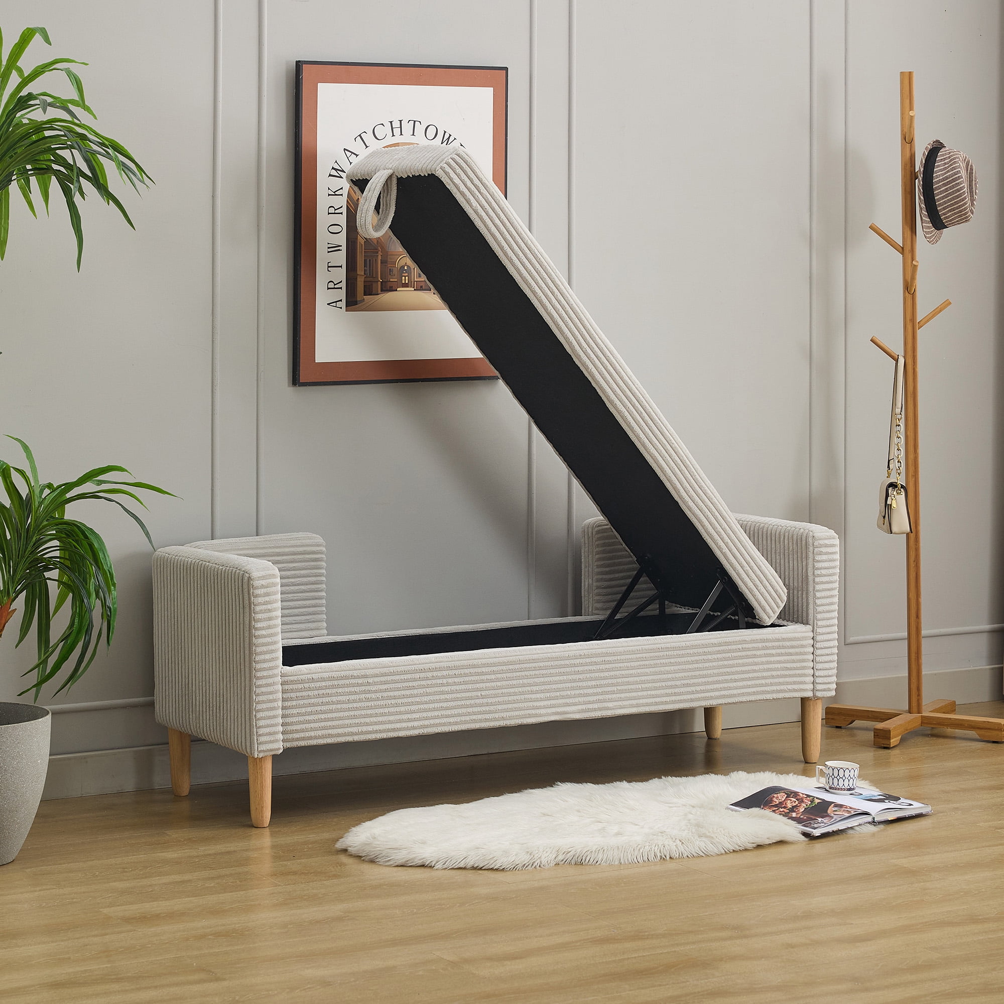 64.7"W Upholstered Corduroy Flip-top Storage End of Bed Bench, Accent Window Footrest with Armrests&Backrest&2 Bolsters Rubberwood Legs for Living Room, Hallway, Entryway Bedroom