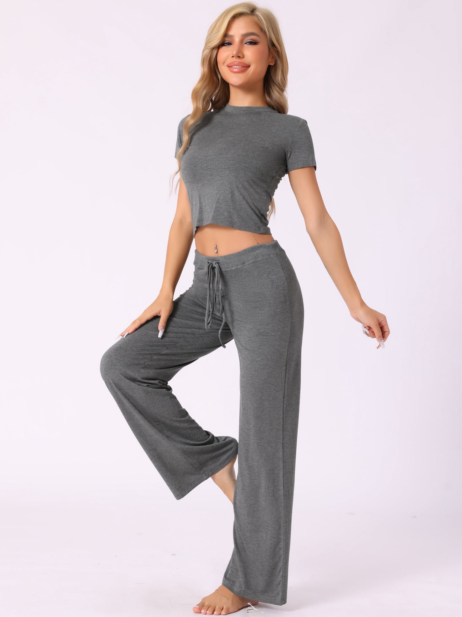 DARING DIVA Women's Lounge Sets Crop Short Sleeve T-Shirt and Wide Leg Pants M Deep Grey