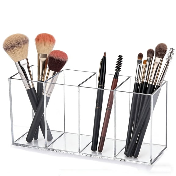 Emlimny Acrylic Makeup Brush Holder Organizer with 4 Slots - Acrylic Pen Holder,Waterproof Portable Clear Pencil Holder Organizer Makeup Brush Holder Brushes Storage for Desktop Countertop