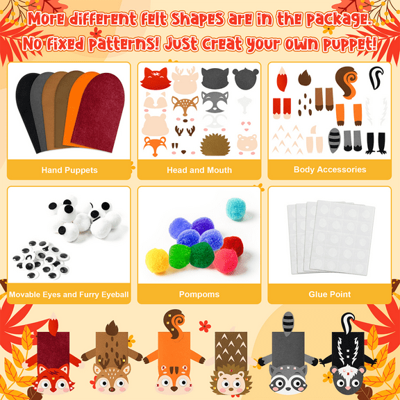 Laffact Making Woodland Animals Puppet for Fall Party Interactive Game, DIY Foxe Squirrel Moose Hand Puppet Gift Box Kit,6pcs