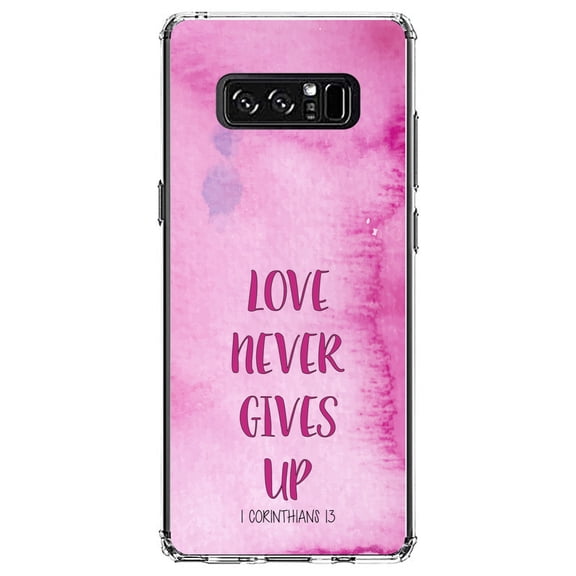 DistinctInk Clear Shockproof Hybrid Case for Samsung Galaxy Note 8 - TPU Bumper, Acrylic Back, Tempered Glass Screen Protector - 1 Corinthians 13 - Love Never Gives Up - Christ