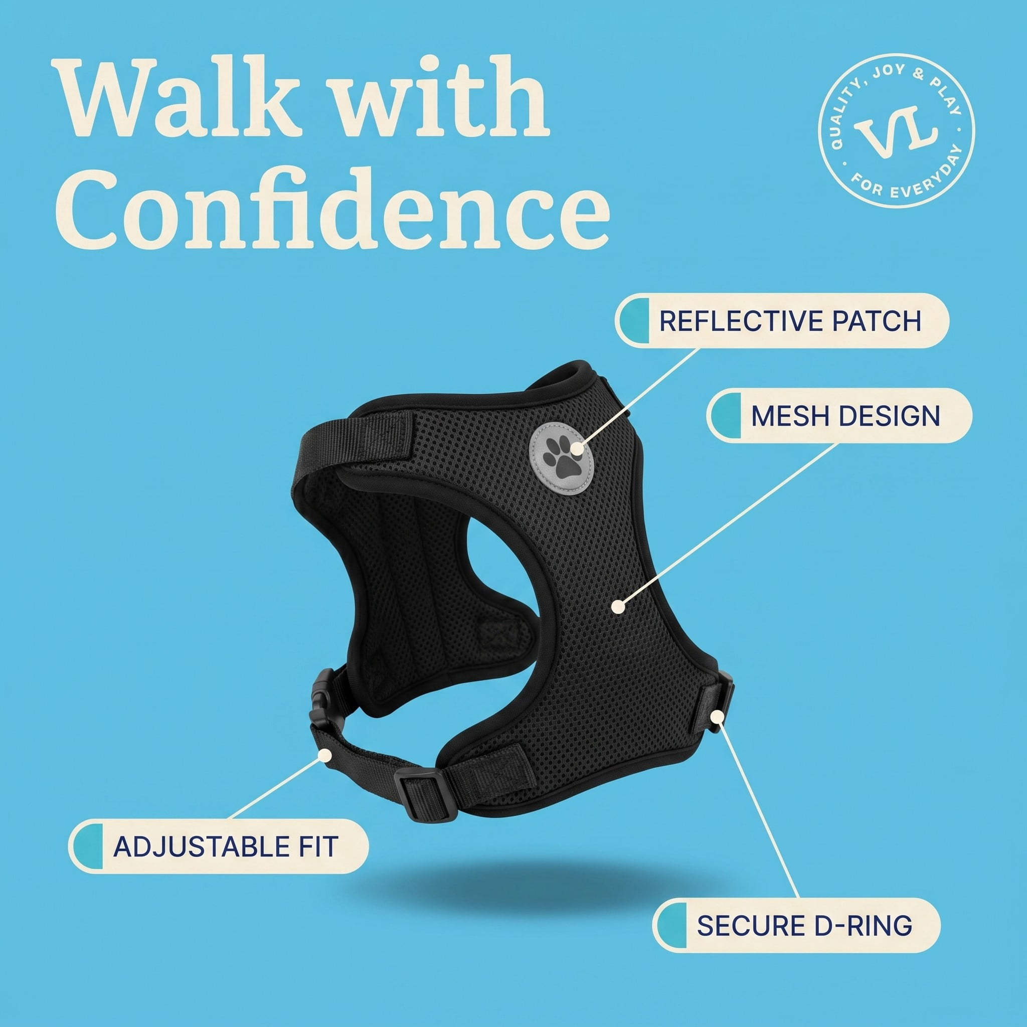 (3 pack) Vibrant Life Reflective Mesh Adjustable Dog Harness, Black, M