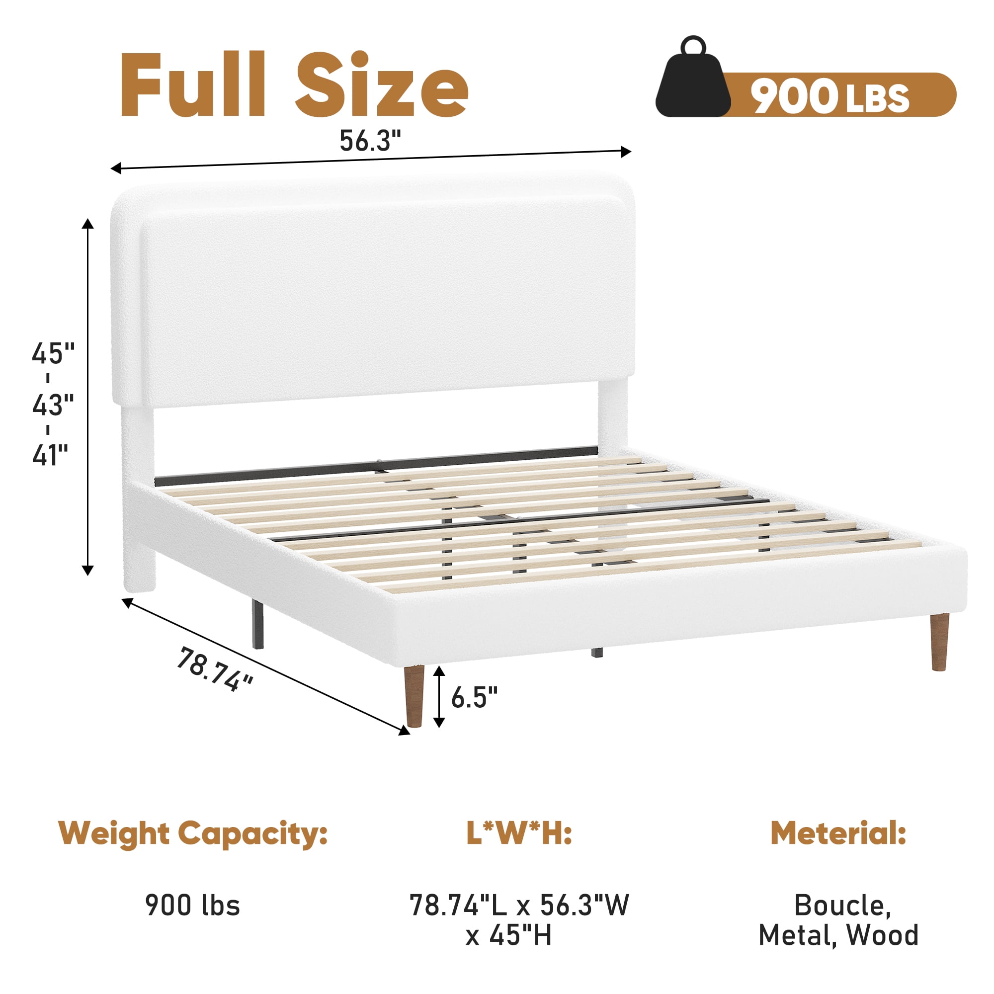 Frostbloom Full Size Bed Frame with Boucle Adjustable Headboard, Cloud Style Upholstered Platform Bed, White