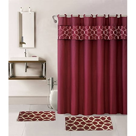 Burgundy Bathroom Curtains 15-piece Hotel Bathroom Sets - 2 Non-Slip Bath Mats Rugs Fabric Shower Curtain 12-Hooks GEOMATRIC BURGUNDY ()