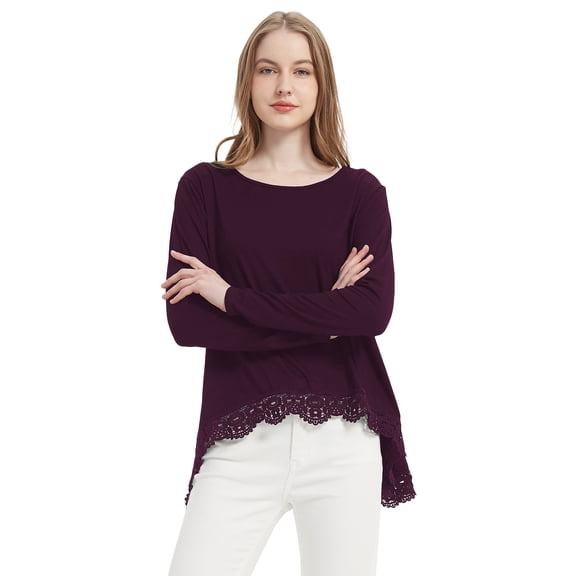 Women's Tops Long Sleeve Lace Trim U-Neck A Line Tunic Blouse