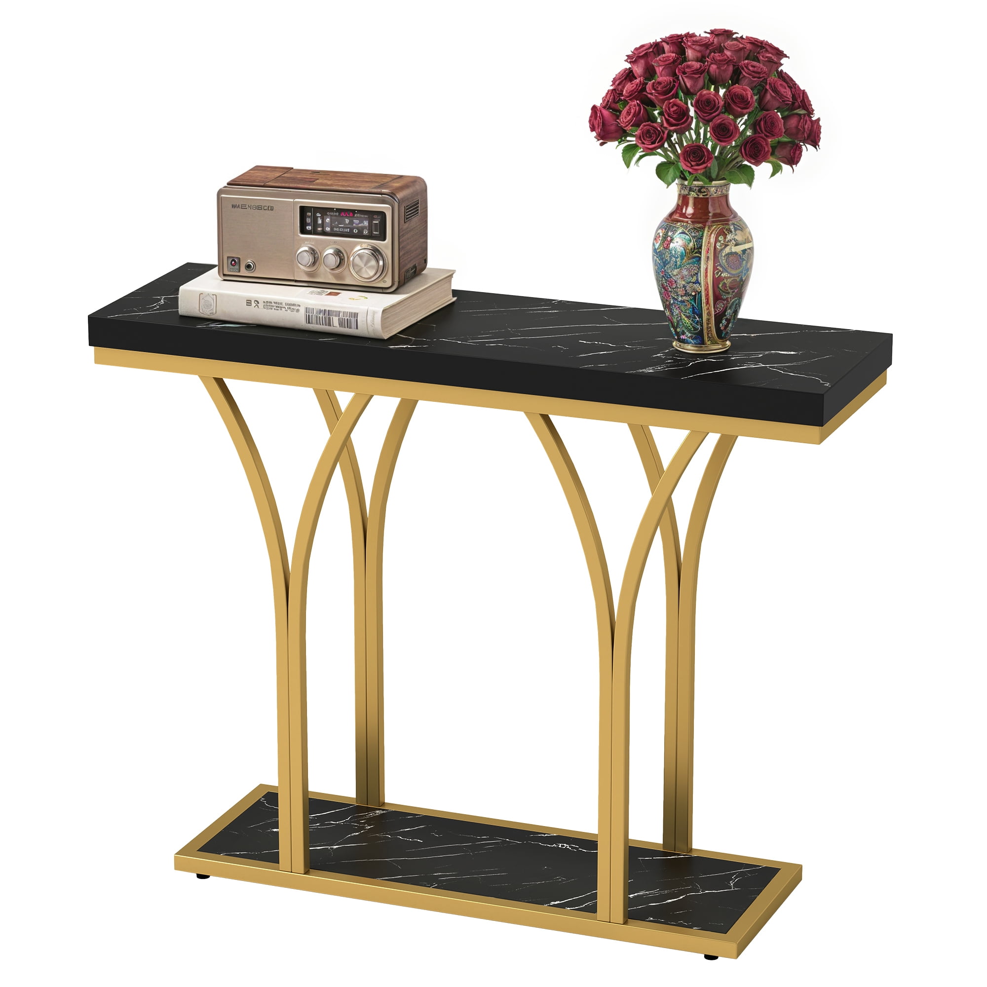 Uforic Modern Console Table with LED Lights, Faux Marble Entryway Side Table, Gold & Black