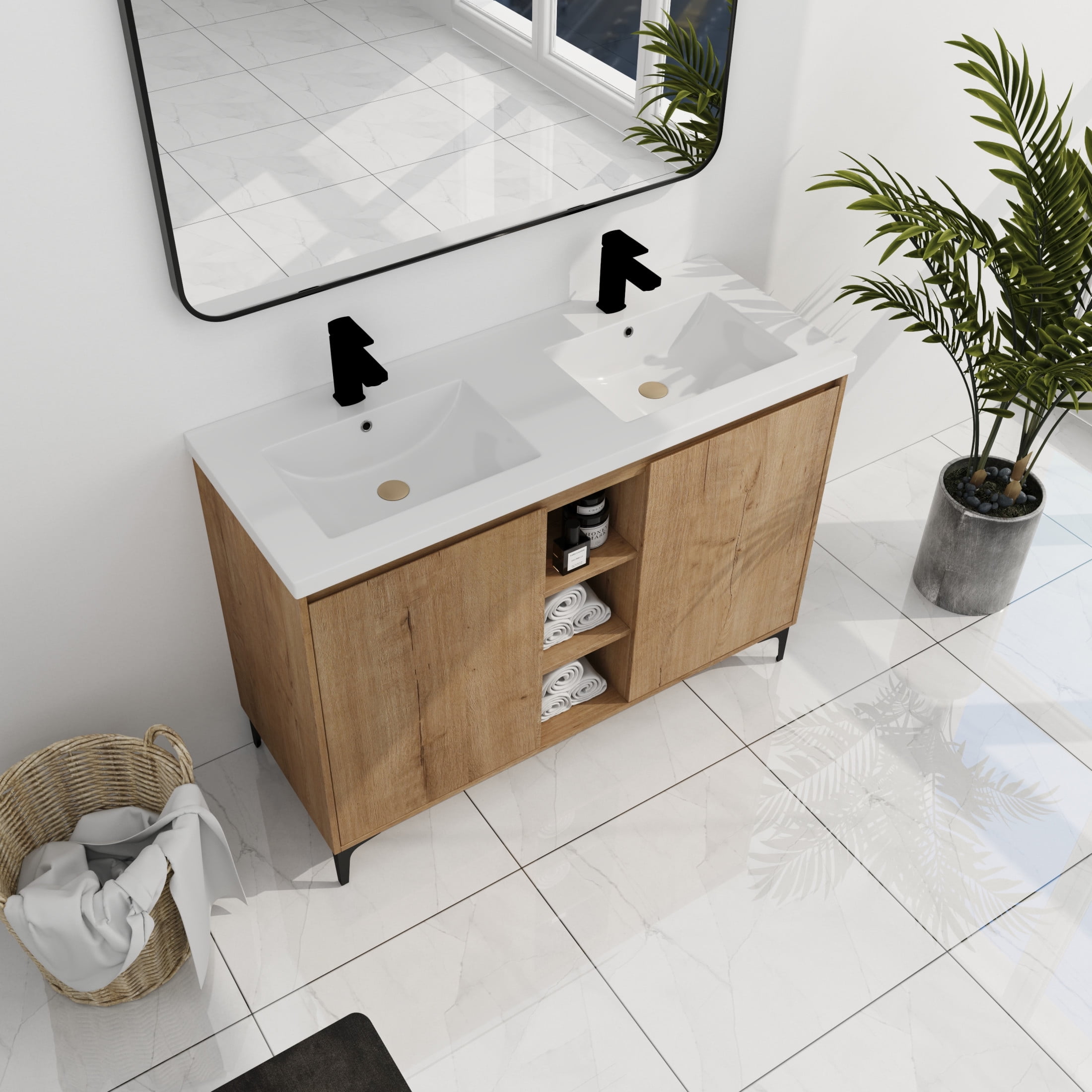 Noble House 48" Freestanding Bathroom Vanity, Double Resin Sinks, Soft-Close Doors, Adjustable Shelves, Imitative Oak