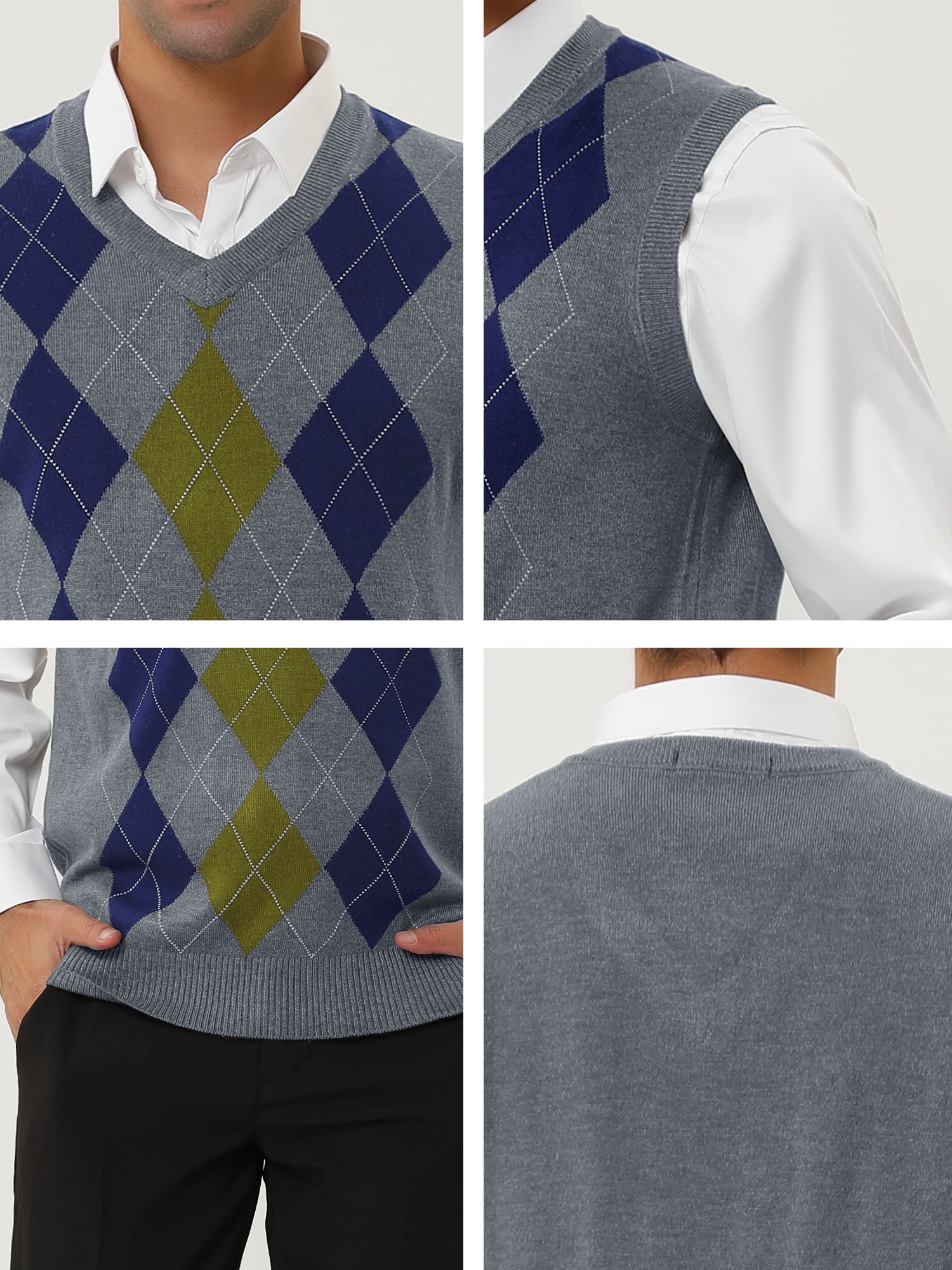 Unique Bargains Men's Argyle V Neck Slim Fit Sleeveless Knit Pullover Sweater Vests S Gray