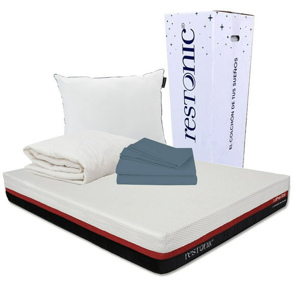 Colchón en Caja Restonic Queen size + Sábanas + Protector de Colchón + Almohada Roll