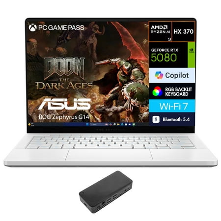 ASUS ROG Zephyrus G14 AI Gaming Laptop 14.0in 2.8K (AMD Ryzen AI 9 HX 370, NVIDIA GeForce RTX 5080 16GB, 32GB LPDDR5X, 2TB PCIe SSD, Win 11 Pro) w/USB-C Dock