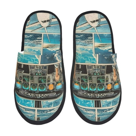 Balery Comic Airplane Cockpit Illustration Slient Indoor Furry Fleece Comfort House Shoes Soft Non-Slip Home Shoes Cotton slippers House Slippers-- Large