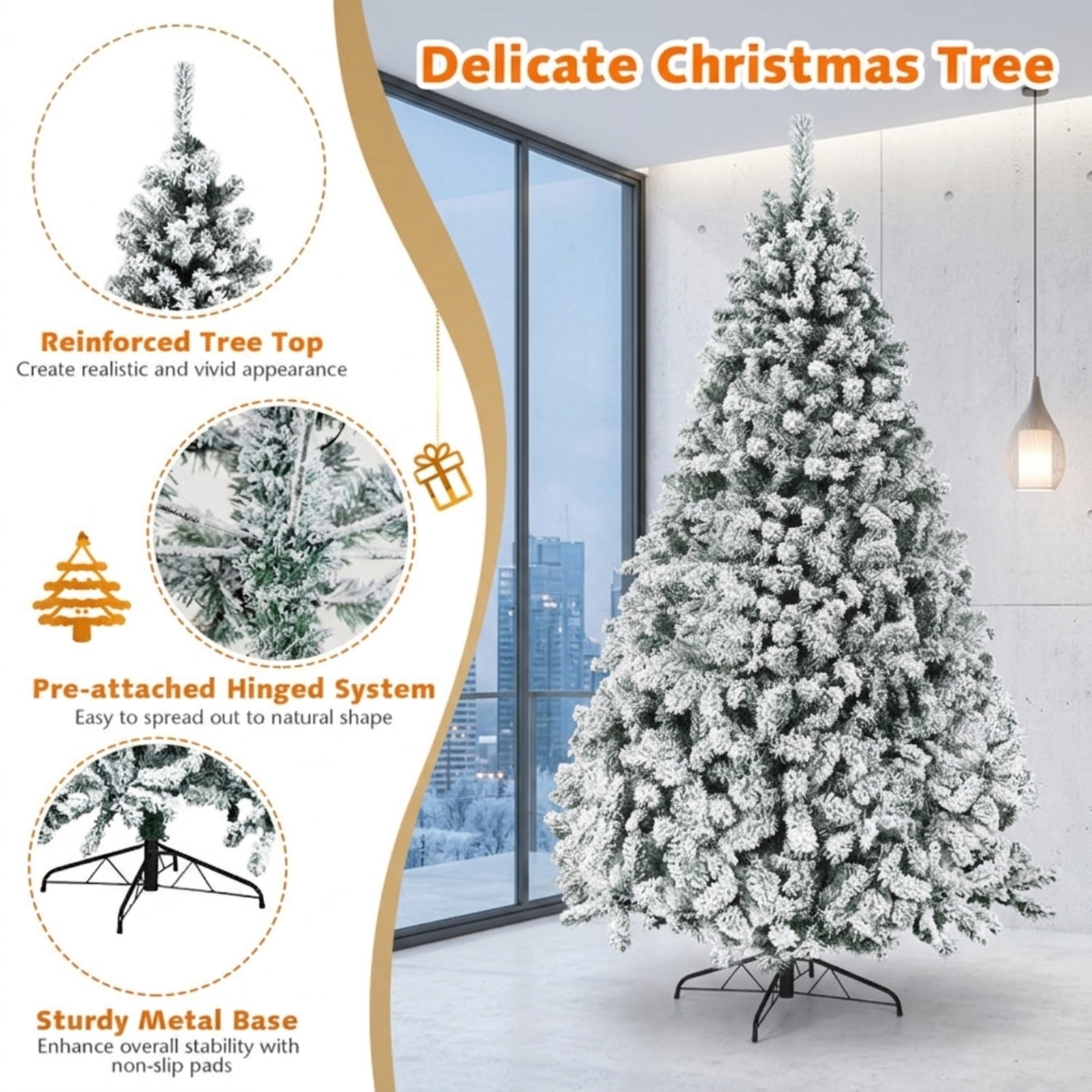 RUIE, 9 Ft Flocked Tree, 9 ft Artificial Christmas Tree, 550 LED Lights, Snow Flocked, 1498 Full Tips, for Home Holiday Xmas Decoration