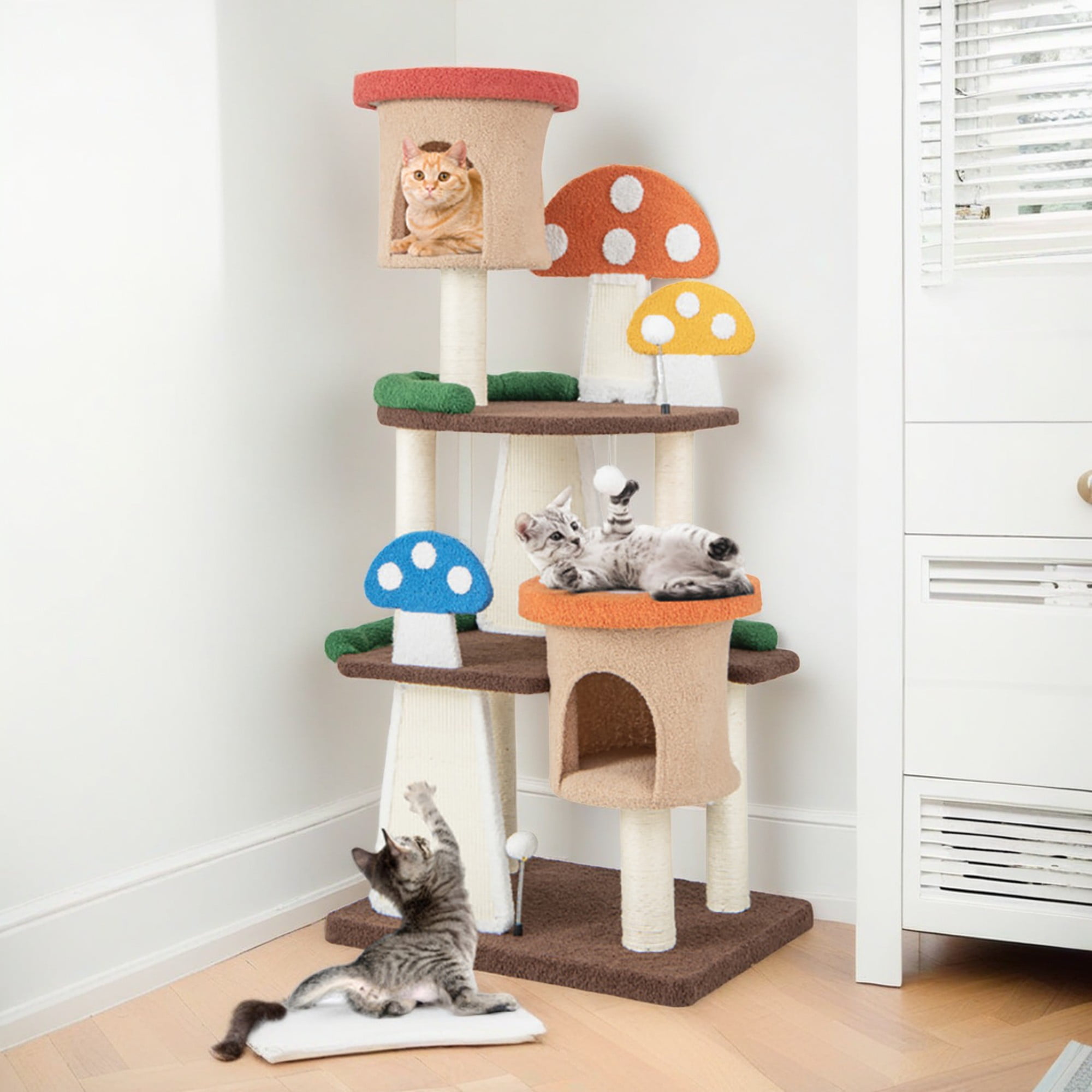 resenkos 57" Cat Tree House, Small Cat Condo with Sisal Scratching Post, Mushroom Cat Tower, Multicolor