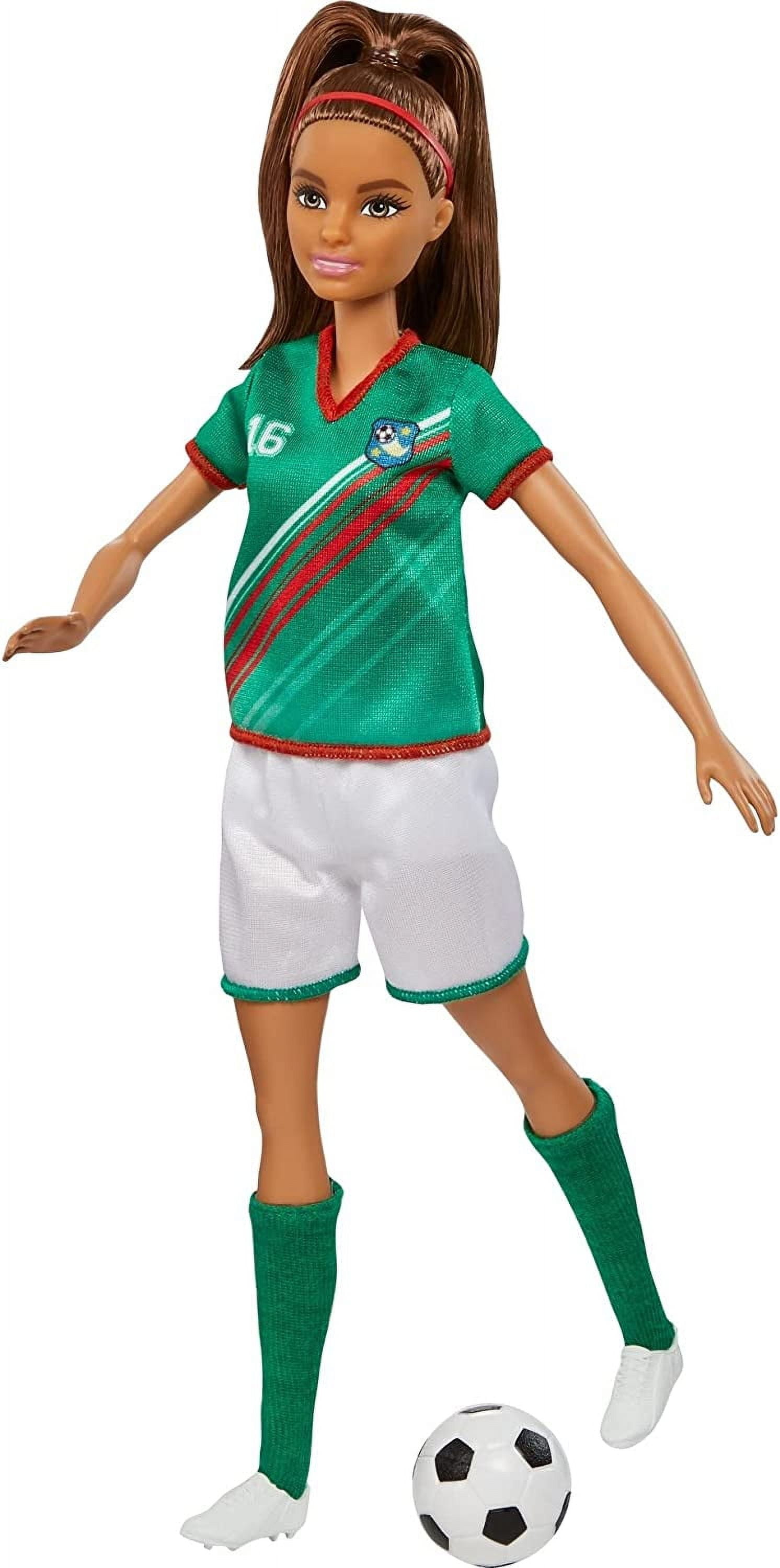 Barbie Careers Fashion Doll & Accessory, Soccer Player with Brunette Ponytail, #16 Uniform, Tall Socks, Cleats & Soccer Ball