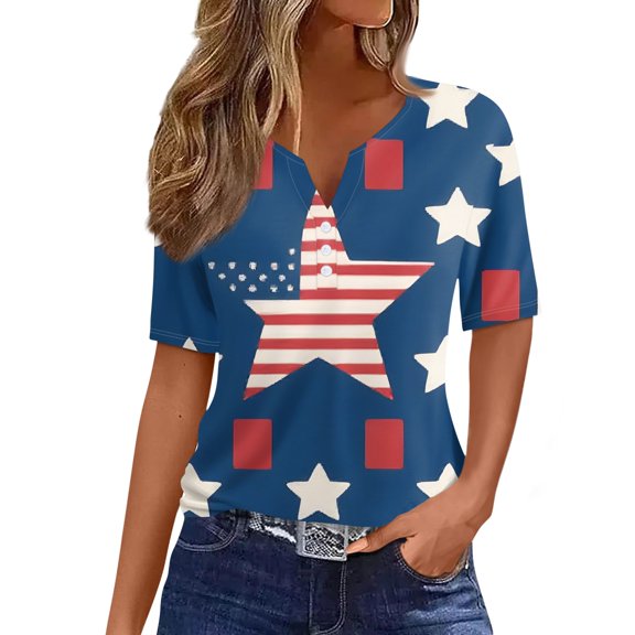 WTOBBY Women's Fashion Casual V-Neck Independence Day Print Button Detail Short Sleeve T-Shirt Tee Top for Daily Weekend Wear Basic Wardrobe Essential Comfort Fit,Blue L