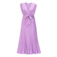 thumbnail image 5 of Summer Saving Wycnly Womens Dresses Wedding Guest Elegant Pleated Swing Tie Ruffle Sleeve Maxi Dresses Solid V-Neck Sleeveless Long Summer Dress Purple l Under $5, 5 of 7