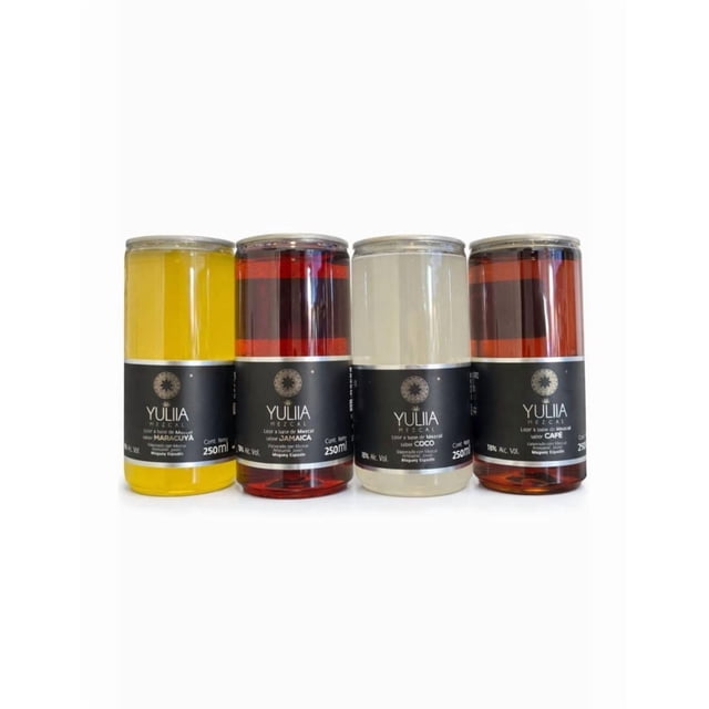 Pack de 12 Latas Mezcalitas 250 ml c/u Sabor Coco Maracuya Café y Jamaica Ready to Drink Yuliia Mezcal Joven