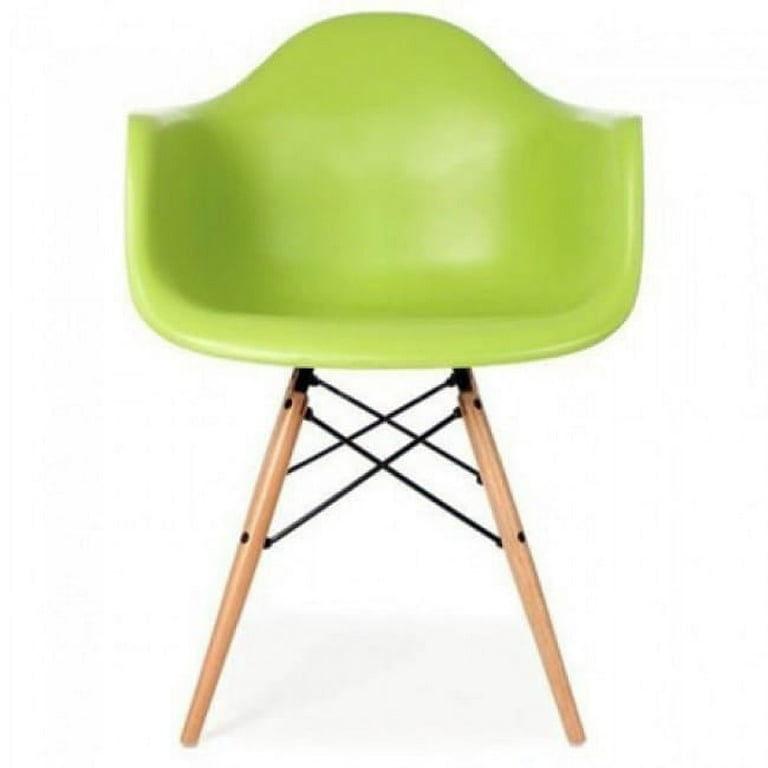 Lime Green Plastic Armchair with Wood Eiffel Legs Contemporary Retro Molded Style Lime Green Accent Plastic Dining Armchair Set