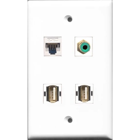 RiteAV 1 Port RCA Green 2 Port USB A-A and 1 Port Cat5e Ethernet White Wall Plate
