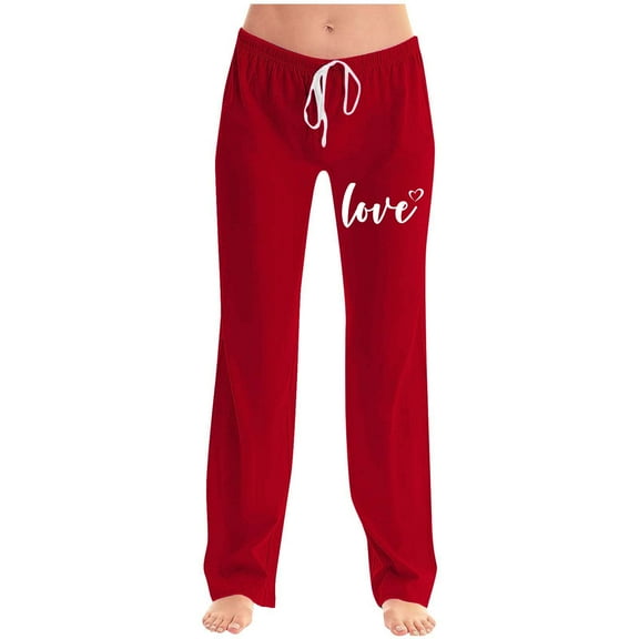 biudgviw Pajama Pants for Women Straight Leg Elastic Waisted Sleep Pants with Pockets Love Printed Plus Size Sleepwear Beach Clothings