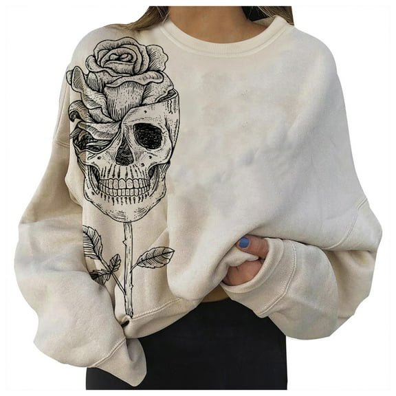 Women's Halloween Sweatshirts Skull Graphic Long Sleeve Loose Fit Pullover Gothic Fall Casual Tops