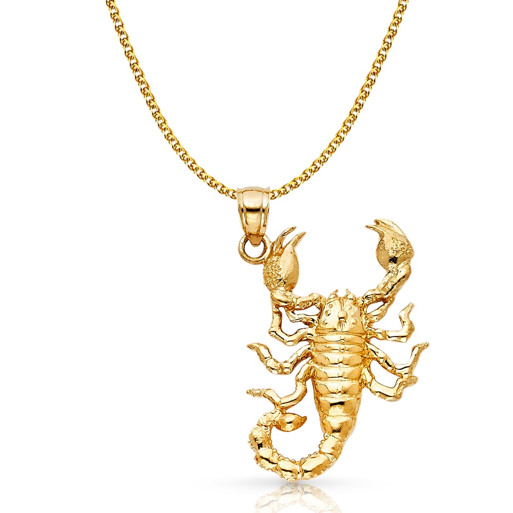 14K Yellow Gold Cat Charm Pendant with 1.7mm Flat Open Wheat Chain Necklace