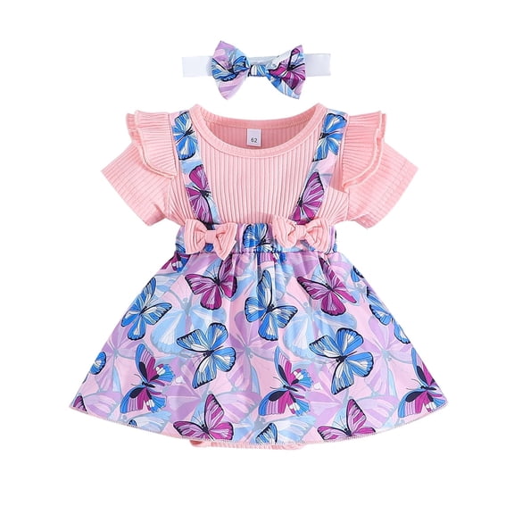 WIBACKER Newborn Baby Girls Summer Clothes Infant Short Sleeve Butterfly Print Romper Dress Headband Outfits