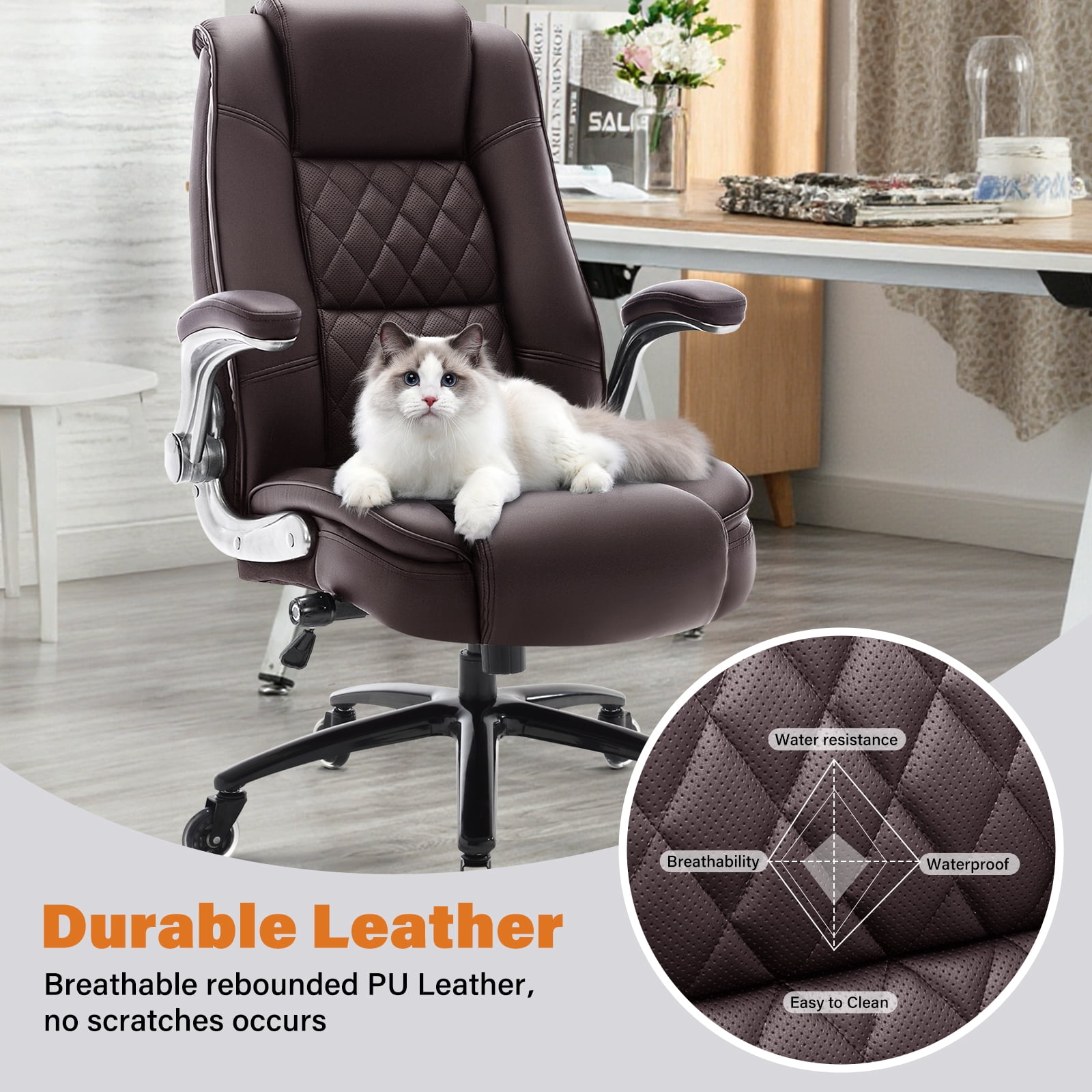 High Back Office Chair with Lumbar Support, Large Upholstered Executive Desk Chair, Faux Leather Computer Chair with Flip-up Arms, Rubber Wheels