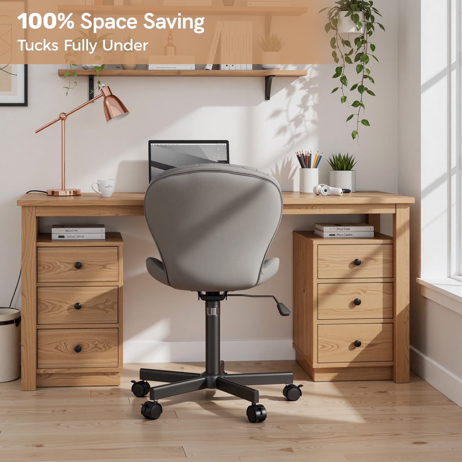 MOONMISS Mid Back PU Leather Desk Chair with Wheels,Armless Adjustable Swivel Vanity Chair for Bedroom Home Office Living Room,Gray