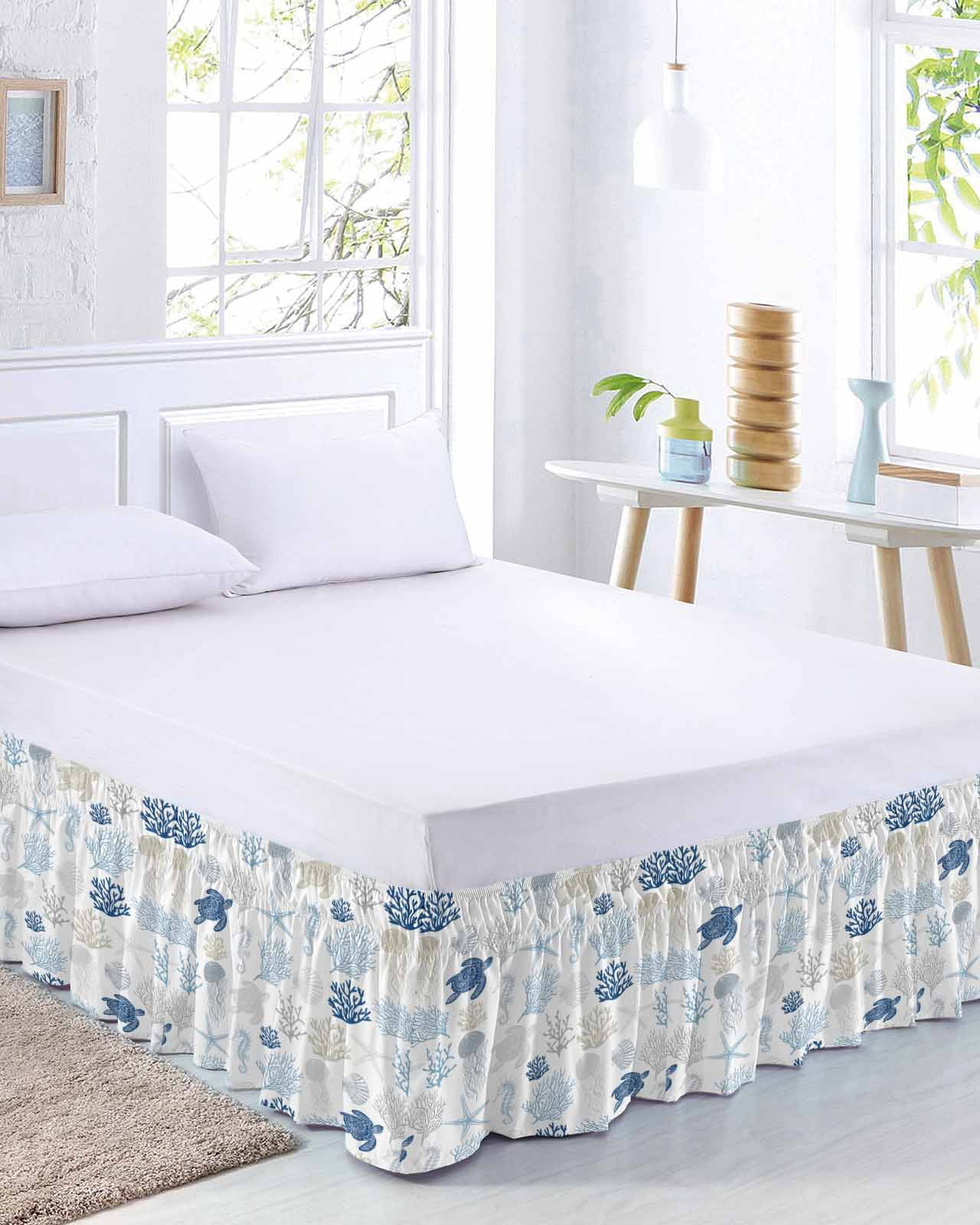 Navy Blue Coastal Bed Skirt Cal King Size, Nautical Summer Beach Coral Sea Turtle Wrap Around Bed Skirting with Adjustable Elastic Strap, Dust Ruffled Pleated Bedskirts 18 Inch Drop for Bedroom Beds