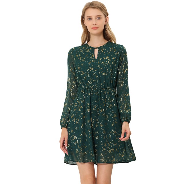 Dde San Patricio GargantilDe Mujer Con Cuello En V Vintage Acampanado Dorado Metálico Brillante EstrelVestido Acampanado Verde Floral M