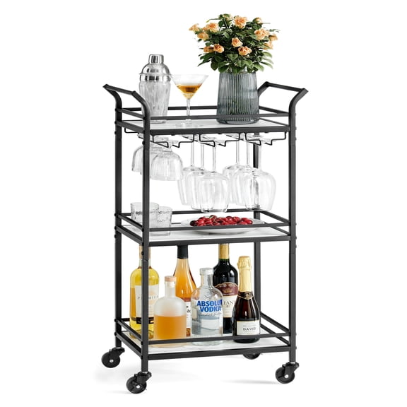 VASAGLE Bar Cart, Home Bar Serving Cart, Small Bar Cart With 3-Tier Shelf, Wine Holders, Glass Holders, Mini Bar Cart, Ink Black