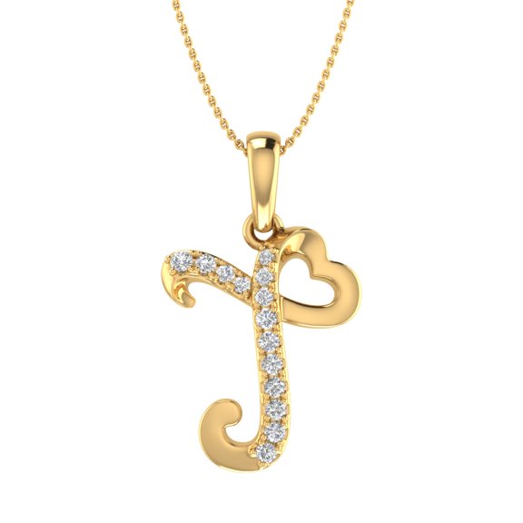 0.08 Carat Diamond Heart Initial T Letter Pendant Necklace in 14K Yellow Gold (with Silver Chain)